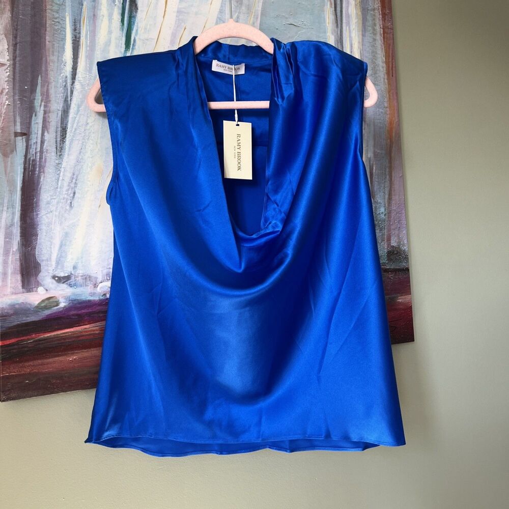 Ramy Brook S Gregory Blue Silk Stretch Charmeuse Slvless Top Blouse Shirt NWOT